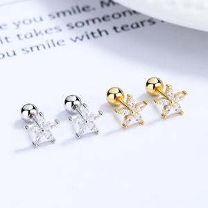 Elegant flower stud earrings in silver and gold with clear crystals, 925 sterling.