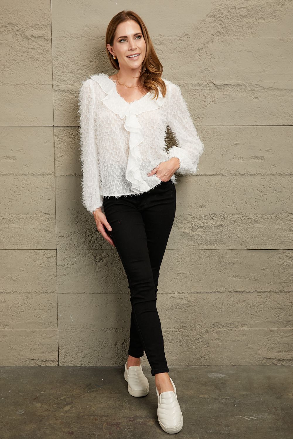White textured ruffle front blouse with balloon sleeves