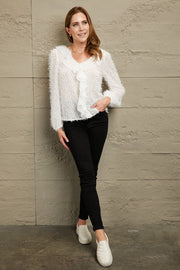 White textured ruffle front blouse with balloon sleeves