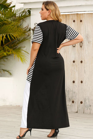 Black and white asymmetric stripe block maxi dress with short sleeves and a casual fit.