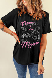 Black t-shirt with desert neon graphic and pink text.