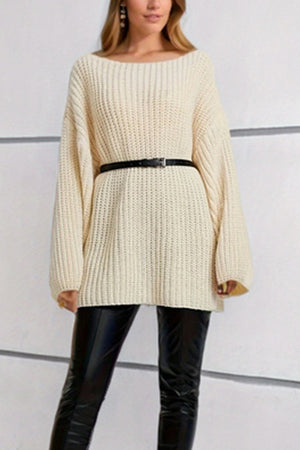 Cream oversized ribbed knit mini dress with boat neck and black belt