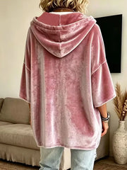 Velvet Loose Fit Hoodie With Drawstring in Khaki, product detail