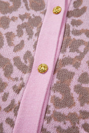 Pink leopard print acrylic blend cardigan with gold button detail