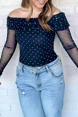 Dark Navy with Off-shoulder Polka Dot Mesh Blouse