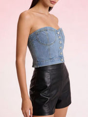 Structured denim tube top with button detail and smocked sides