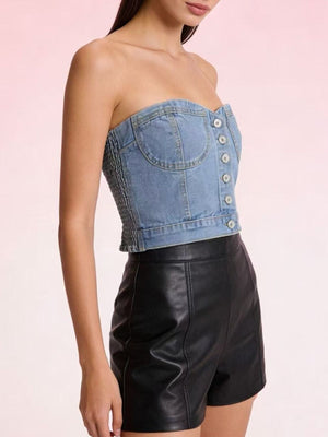 Structured denim tube top with button detail and smocked sides