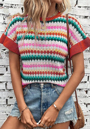 Textured knit sweater with colorful stripes and contrast trim sleeves and neckline.