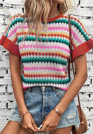 Textured knit sweater with colorful stripes and contrast trim sleeves and neckline.