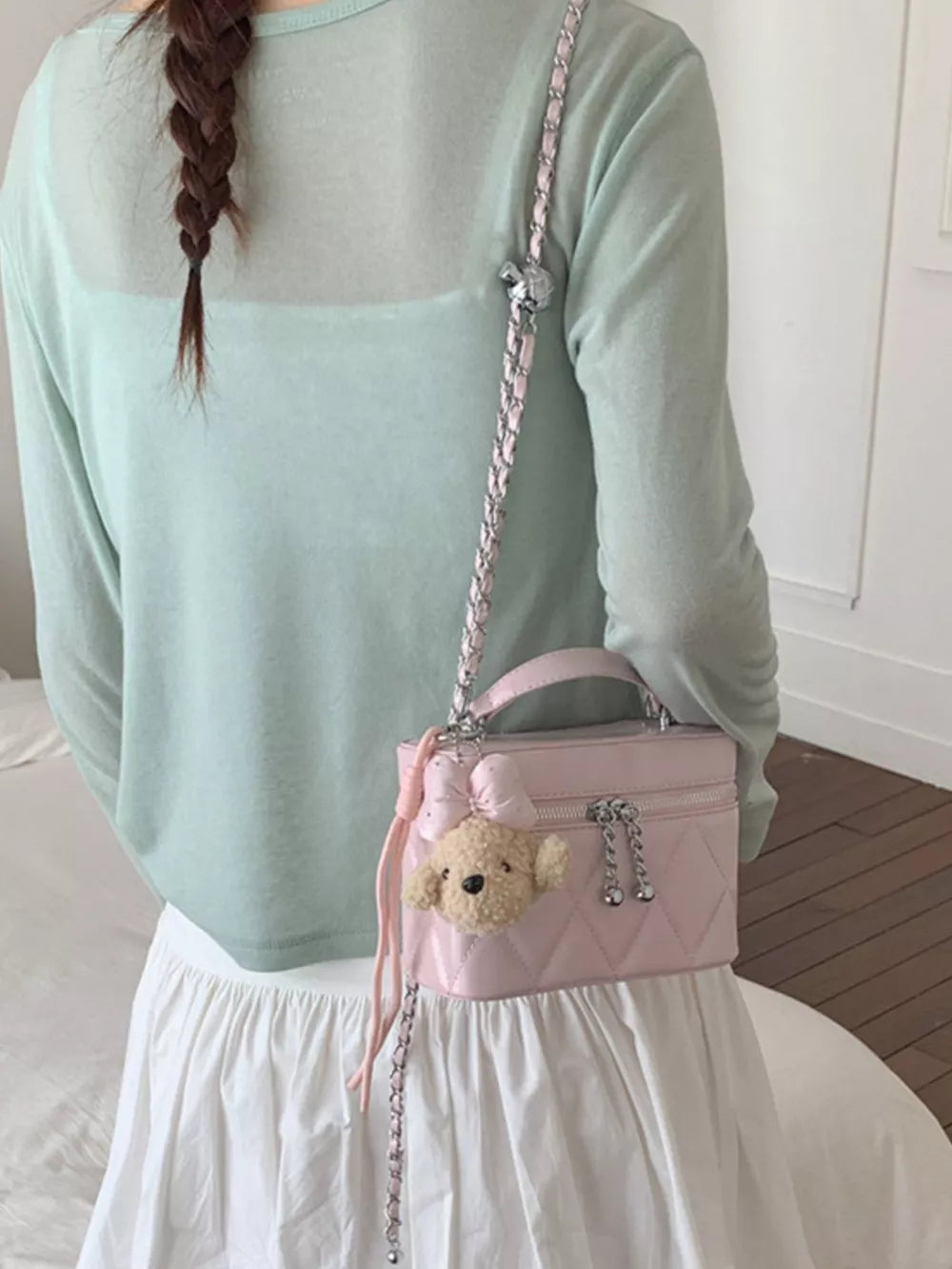 Quilted Chain Strap Crossbody Bag in Pink, back view