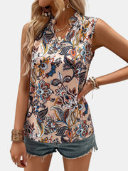 Paisley Bloom Sleeveless Blouse in Tan with a ruffled neckline and v-neck.