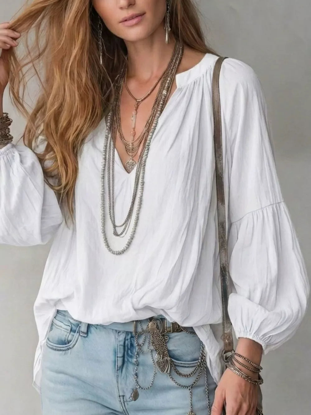 Notched Balloon Sleeve Blouse in Black, front view