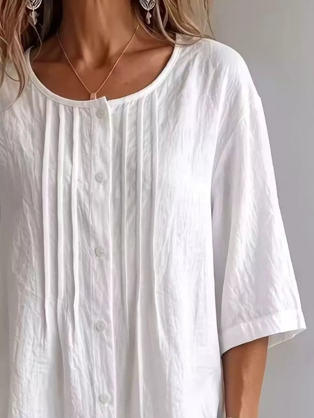 Full Size Texture Round Neck 3/4 Sleeve Blouse, side view
