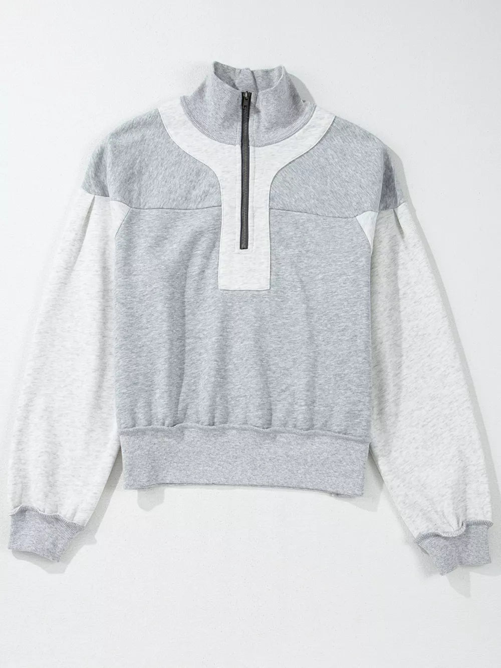 Half Zipper Collared Drop Shoulder Sweatshirt in Light Gray, side view