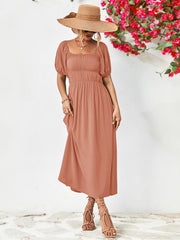Dusty Pink midi dress with gathered bodice, square neckline, and puff sleeves.