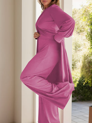 Purple draped overlay palazzo co-ord set with wide legs and long sleeves.