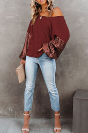 Burgundy waffle knit off-shoulder top with sequin bell sleeves