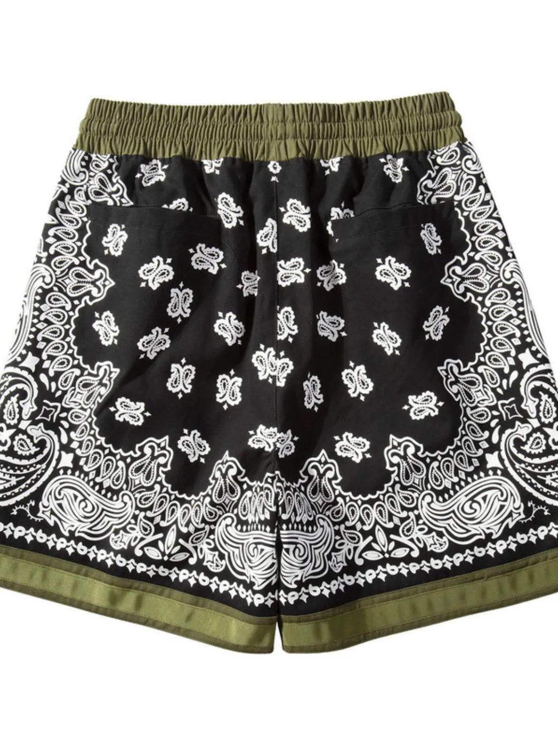 Black bandana print sport shorts with green waistband and metallic trim detail.
