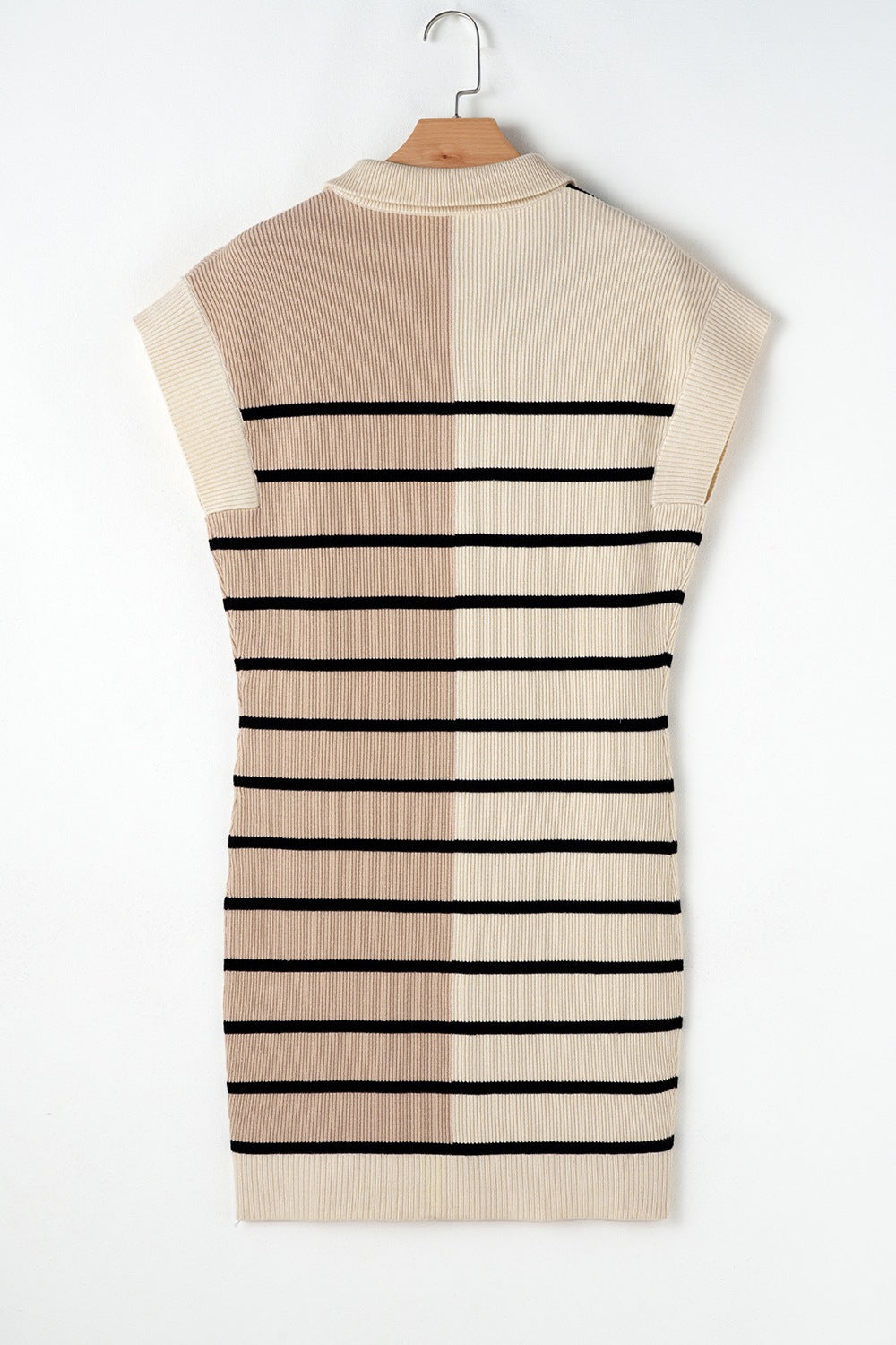 Colorblock ribbed mini dress with zip neck and black horizontal stripes in beige and cream.