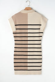 Colorblock ribbed mini dress with zip neck and black horizontal stripes in beige and cream.