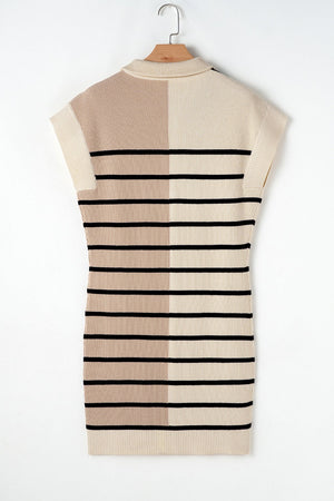Colorblock ribbed mini dress with zip neck and black horizontal stripes in beige and cream.