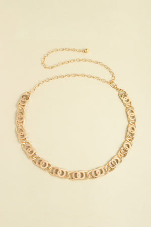 Golden chain belt with interlocking circle links and adjustable extender chain.