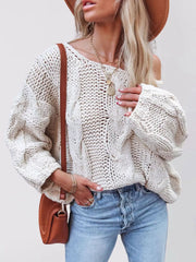 cream pullover sweater with cable knit and round neck