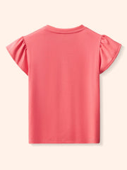 Coral pink t-shirt with ruffled short sleeves and a crew neck.