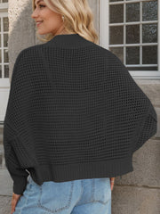 Black open-knit boxy cardigan with sculpted collar and ribbed hem