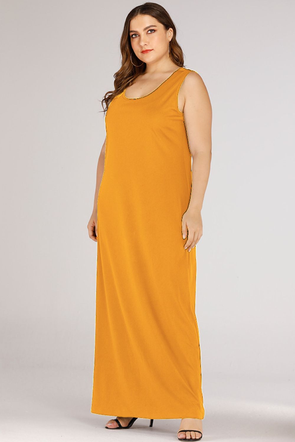 Gold scoop-neck maxi column dress with a relaxed fit and sleeveless design.