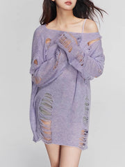 Lilac ripped knit oversized beach pullover sweater with boat neck and distressed details.