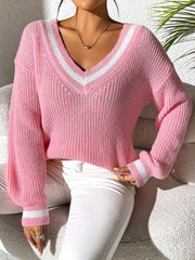 Dusty Pink ribbed knit sweater with white varsity trim on v-neck and cuffs.