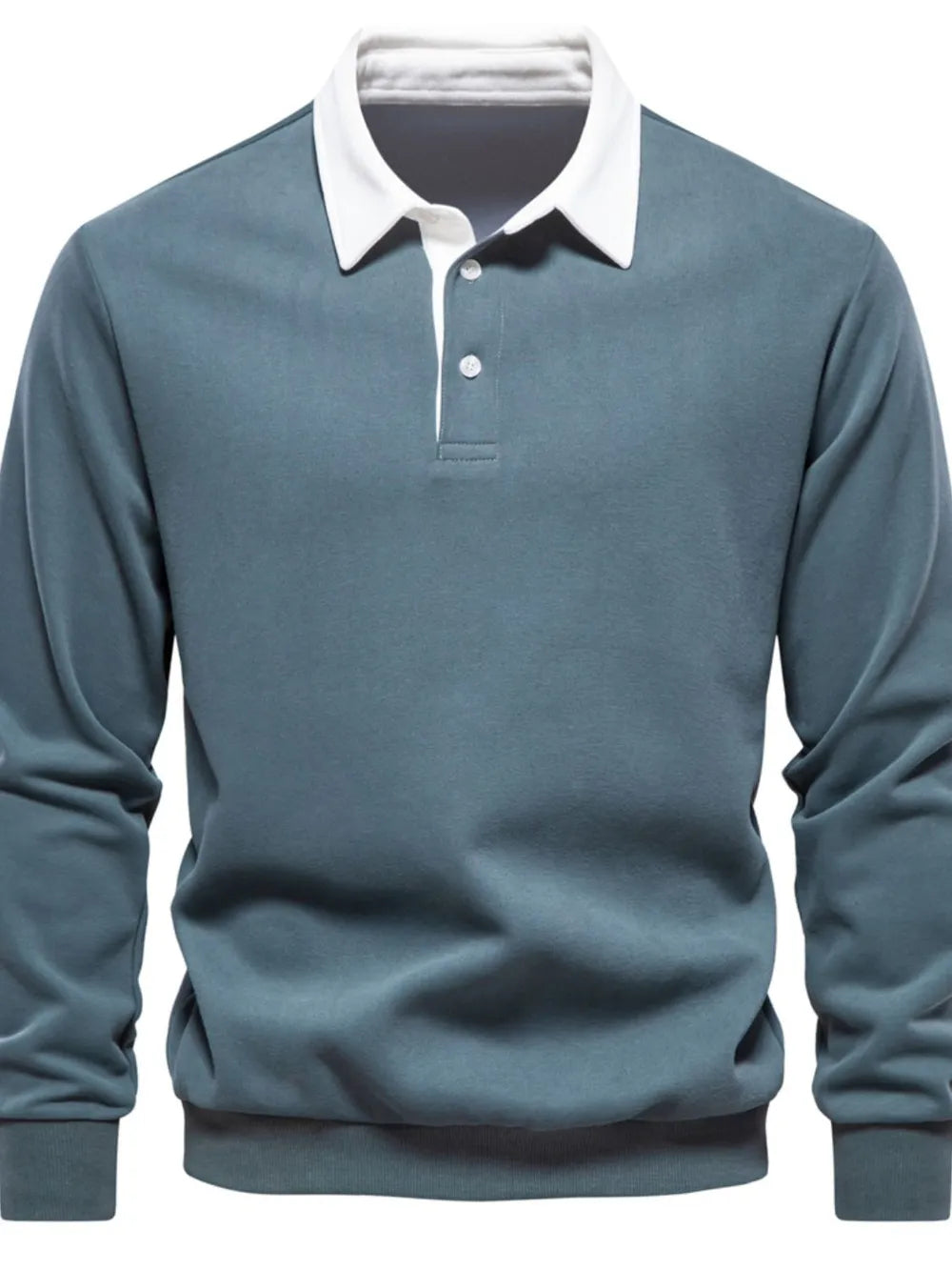 Dusty Blue long sleeve rugby sweatshirt with white collar and two button placket.