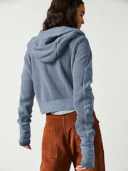 Dusty blue waffle knit cropped hoodie with long sleeves and a hood.