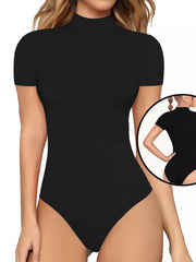 Black mock neck short sleeve form-fitting bodysuit with a high-cut leg.