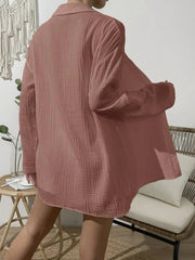 Textured gauze shirt in pink purple, featuring a collared neckline and long sleeves.