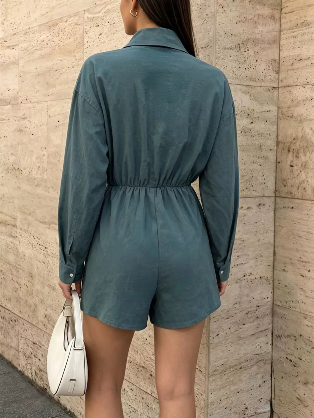 Button Front Long Sleeve Romper in Green, back view
