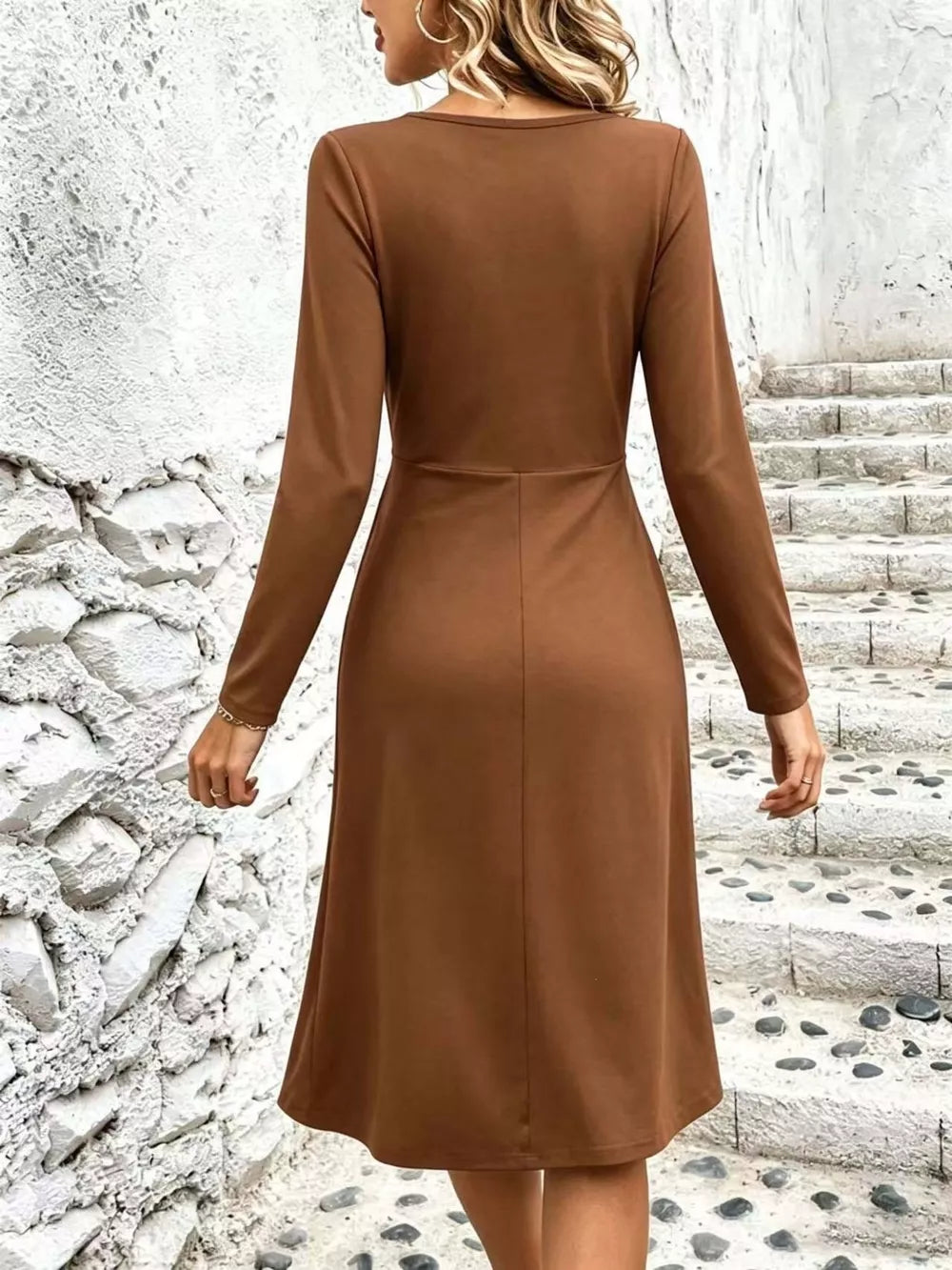 Surplice Long Sleeve Midi Dress in Black, fit detail