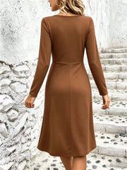 Surplice Long Sleeve Midi Dress in Black, fit detail