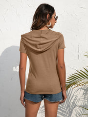 Zip-front utility hoodie tee in khaki with short sleeves and a relaxed fit.