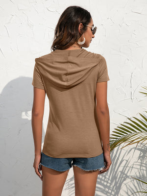 Zip-front utility hoodie tee in khaki with short sleeves and a relaxed fit.