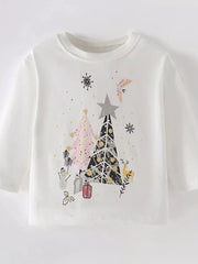 White long sleeve t-shirt with festive Christmas tree graphic, snowman, and gifts.
