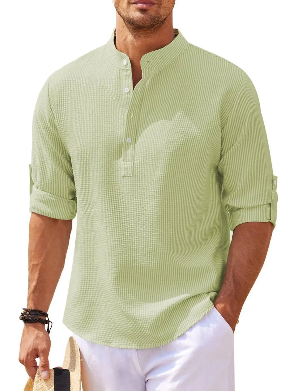 Light Green textured henley shirt with roll-up sleeves and button detail.