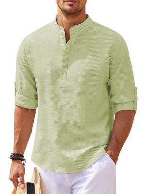 Light Green textured henley shirt with roll-up sleeves and button detail.