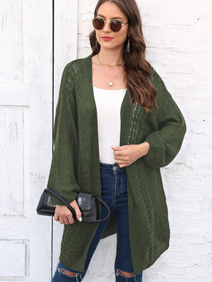 Army green cable knit cocoon cardigan with open front and balloon sleeves.
