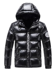 Black shiny puffer jacket with hood and white text detail on zipper