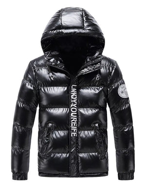 Black shiny puffer jacket with hood and white text detail on zipper