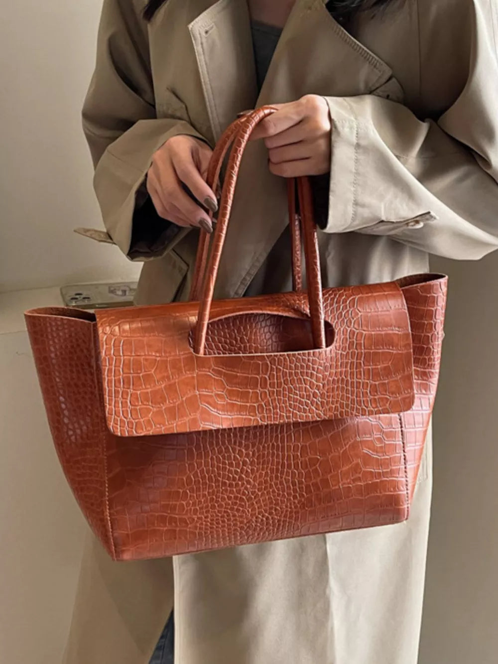 Crocodile-embossed Shoulder Bag in Brown, fit detail