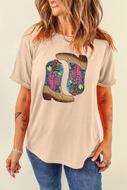Eggshell cotton graphic tee with sequin cowboy boot and cactus print
