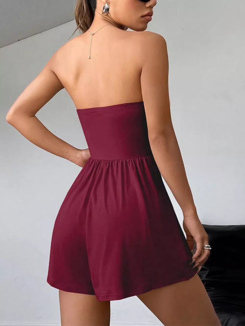 Burgundy strapless ruched waist romper with a comfortable cotton feel.